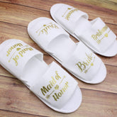 Bridal Slippers Gold on White Bride To Be Bridesmaid Maid of Honor Wedding Hens Night